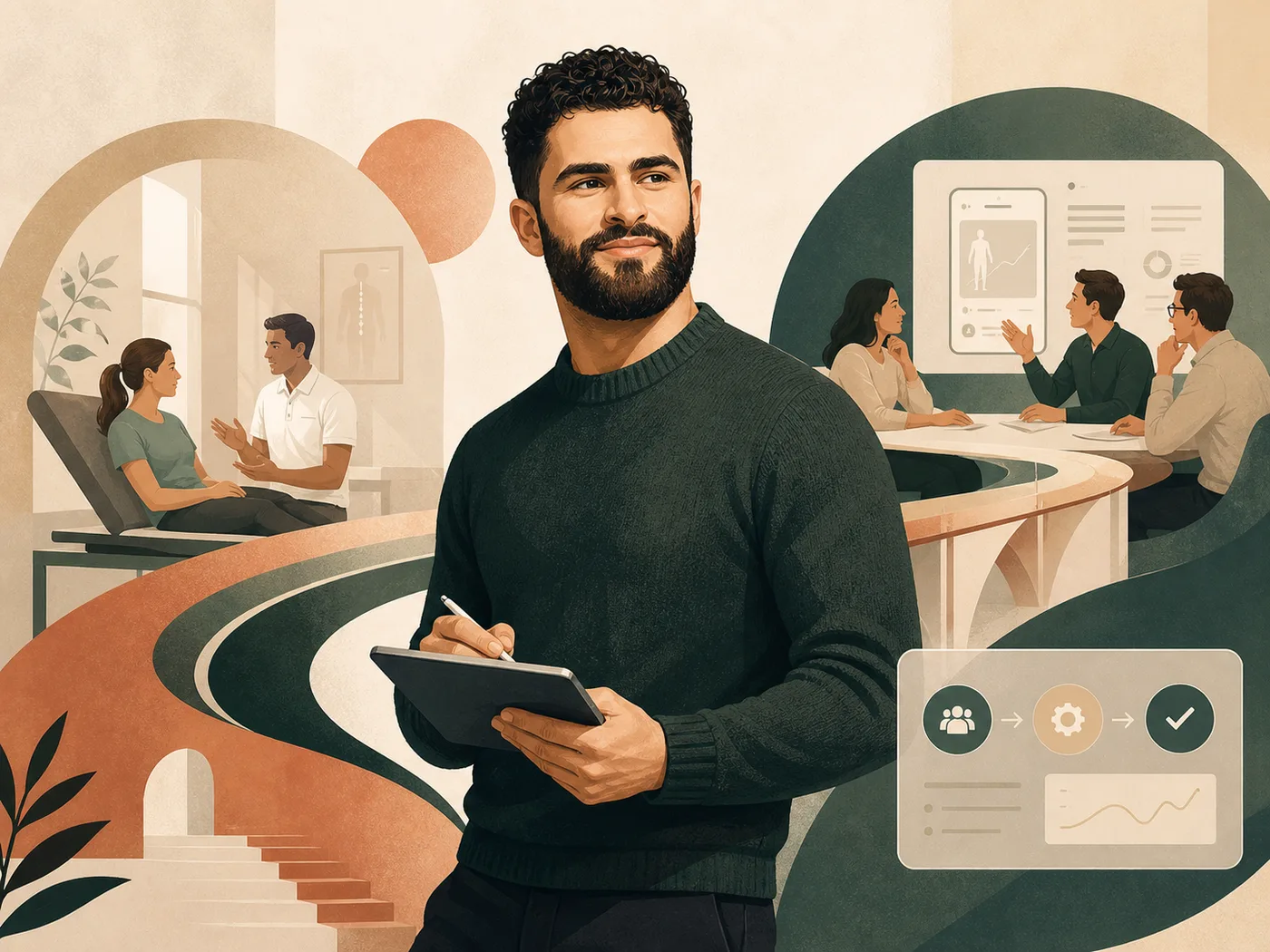 Clinical implementation advisor with tablet — frontline practice meets digital tools
