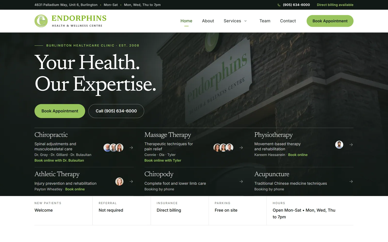 Endorphins home page: a dark green hero listing six disciplines with practitioner photos beside each.
