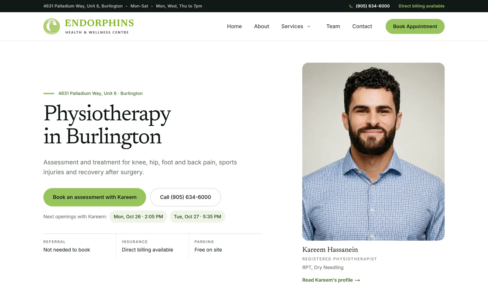 The physiotherapy ad page, with the next openings read live from Jane.