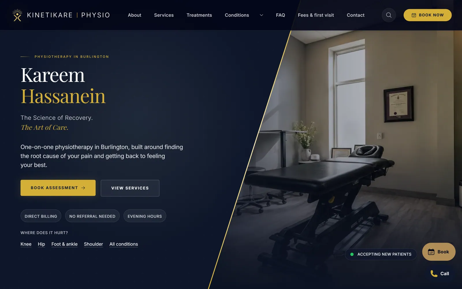 KinetiKare home page: a navy hero with a treatment room photograph and gold accents.