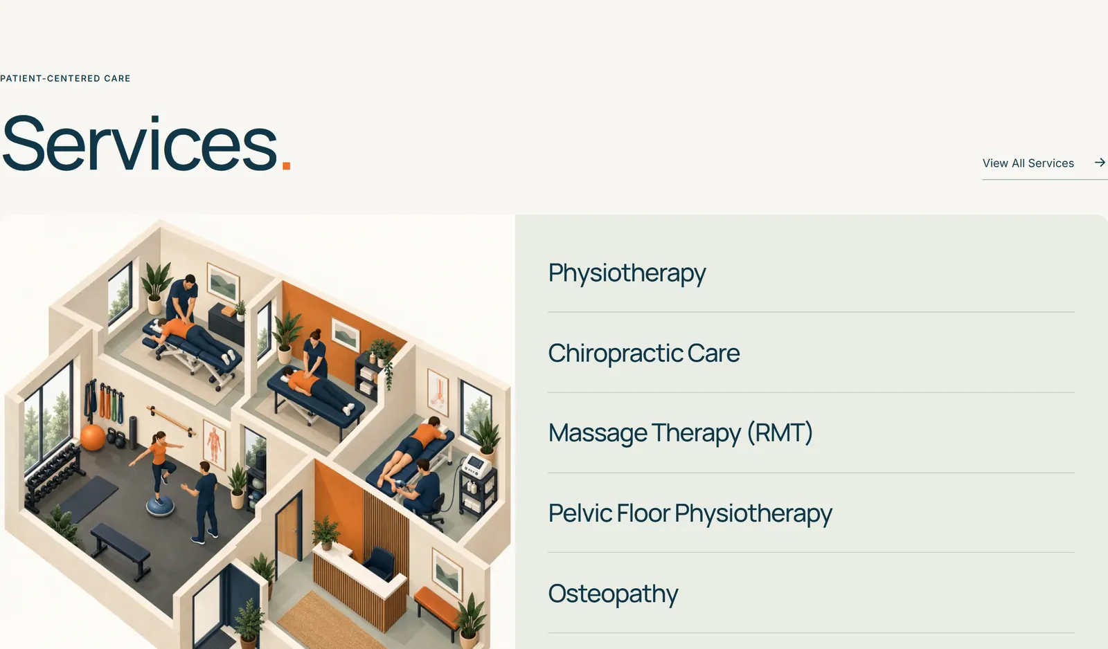 Services beside an isometric drawing of the clinic.