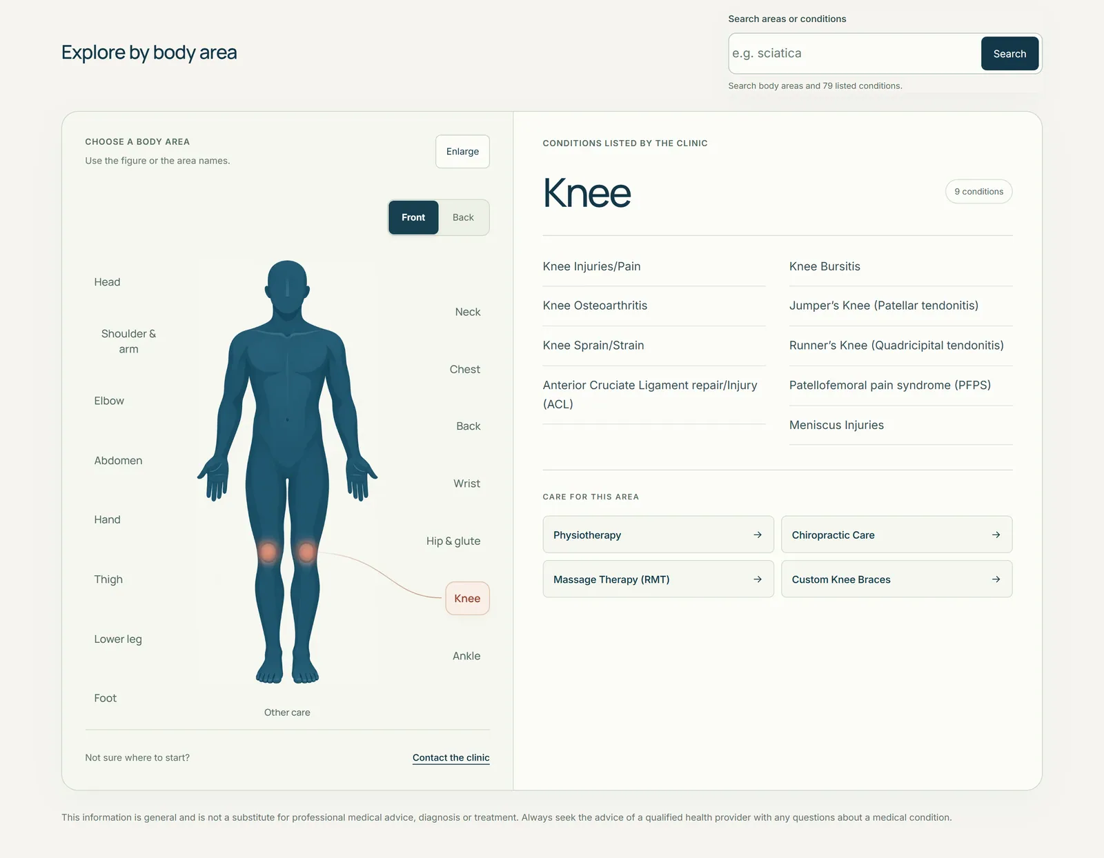The body chart with the knee chosen.