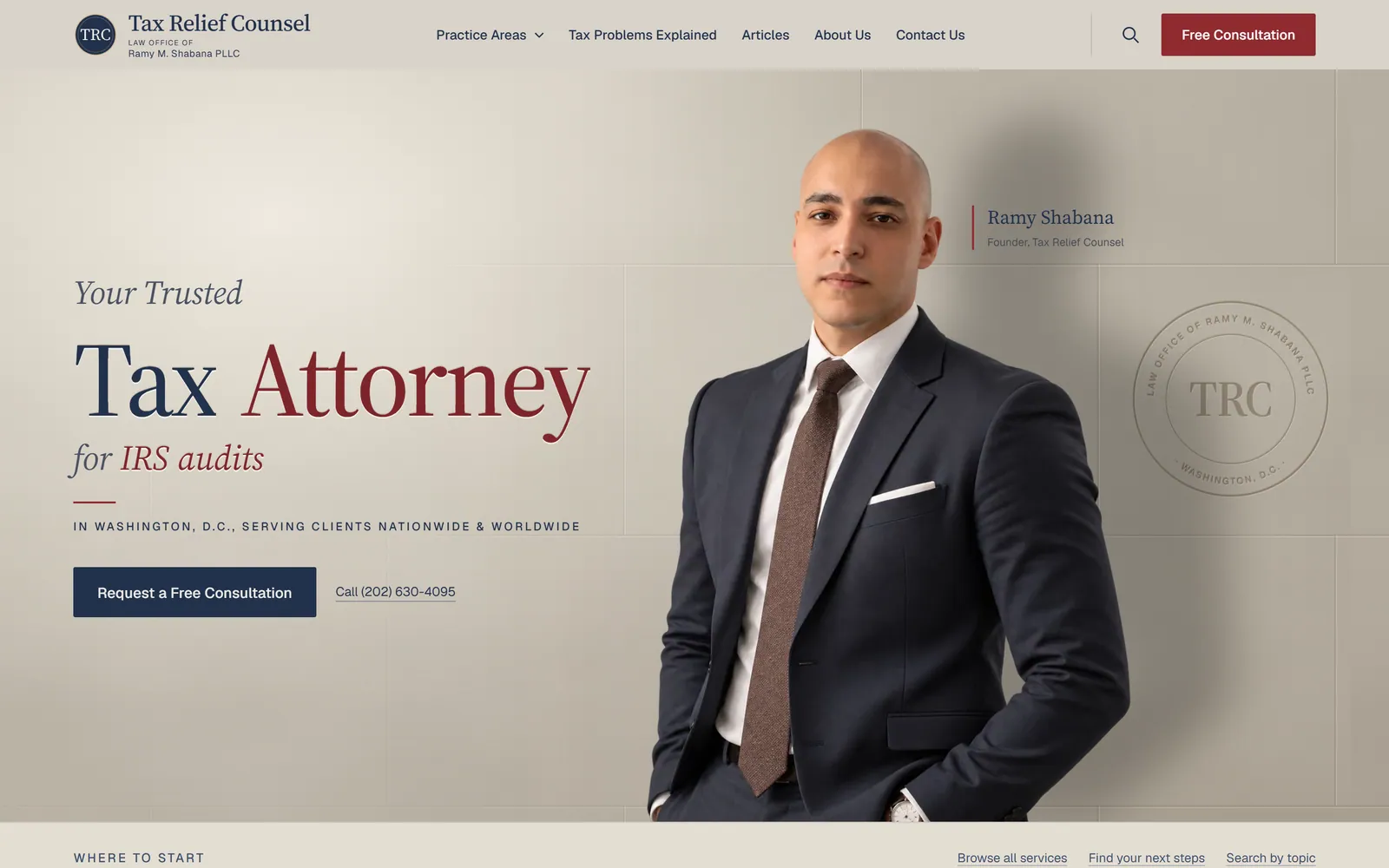 Tax Relief Counsel home page: the attorney standing against a limestone wall beside the headline “Your Trusted Tax Attorney”.