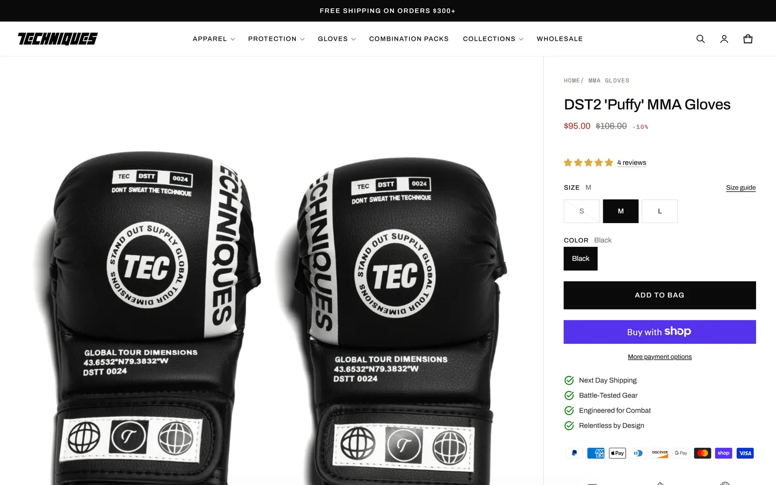 The product page for a pair of MMA gloves.