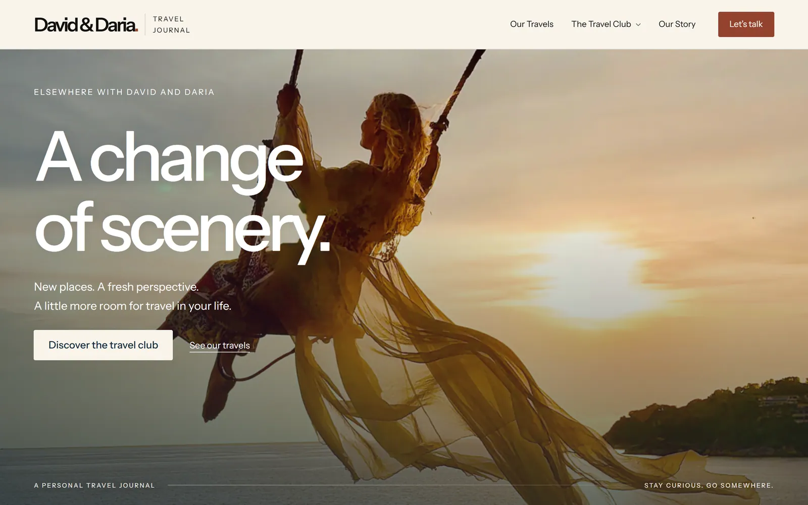 Travel journal home page: a woman on a swing at sunset beside the headline “A change of scenery.”
