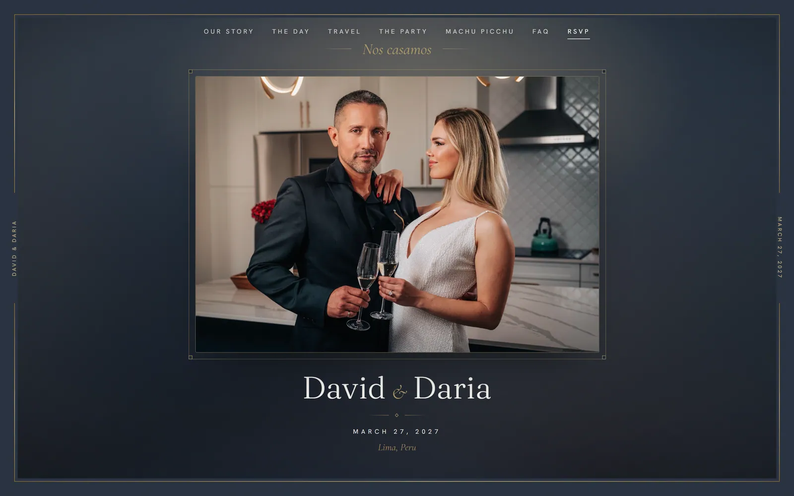 Wedding site opening: the couple photographed in a gold-ruled frame above their names and the date.